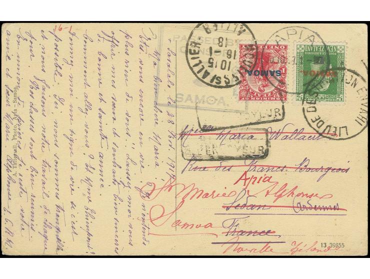 "PASSED BY CENSOR 3 G.R.I. SAMOA" strike on card from "APIA 30.10.17" bearing 1914 1d. and 1916 ½d. adhesives, addressed to S