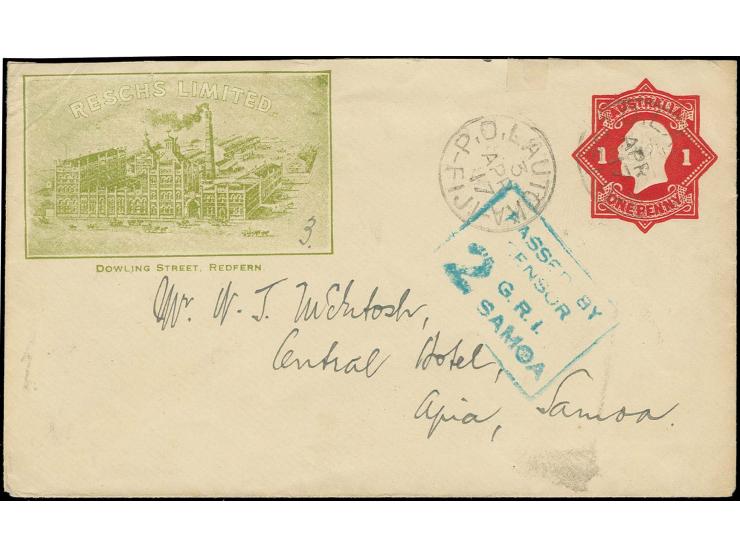 AUSTRALIA: "PASSED BY CENSOR 2 G.R.I. SAMOA", strike on postal stationary 1d. red cancelled in "LAUTOJA FIJI 3 APR 17" to Api