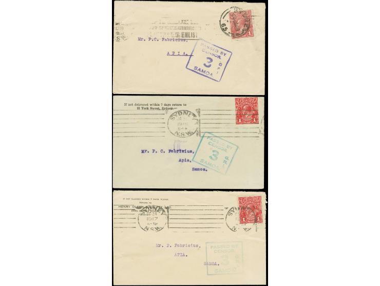 "PASSED BY CENSOR 3 G.R.I. SAMOA", one green and two violett strikes on 3 covers from Sydney, each franked with KGV 1d., fine
