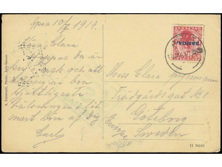 "PASSED BY CENSOR 3 G.R.I. SAMOA", green strike on card "APIA 11 JL 19" franked with 1d. red, addressed to Göteborg, fine