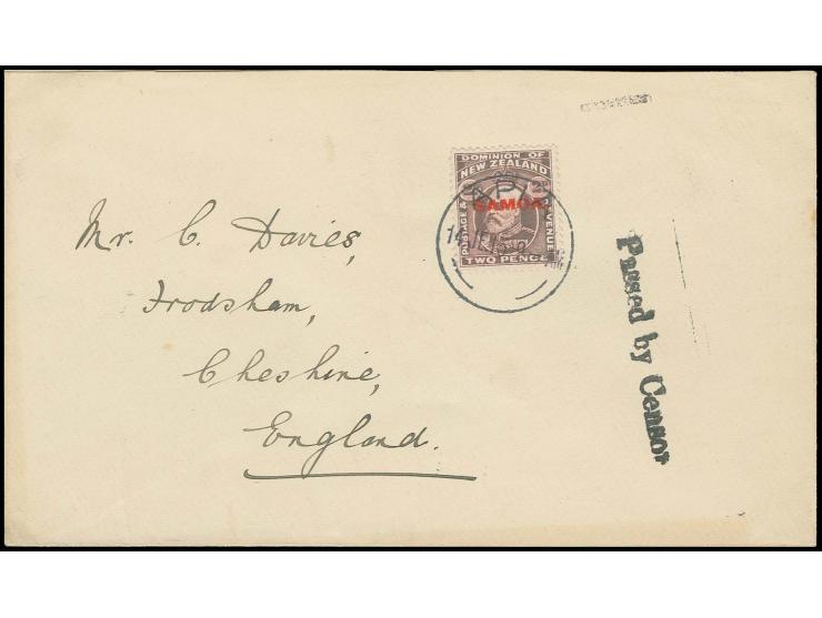 "Passed by Censor" black strike on front of cover franked with 2d. mauve from "APIA 14 JE. 15" to England, fine