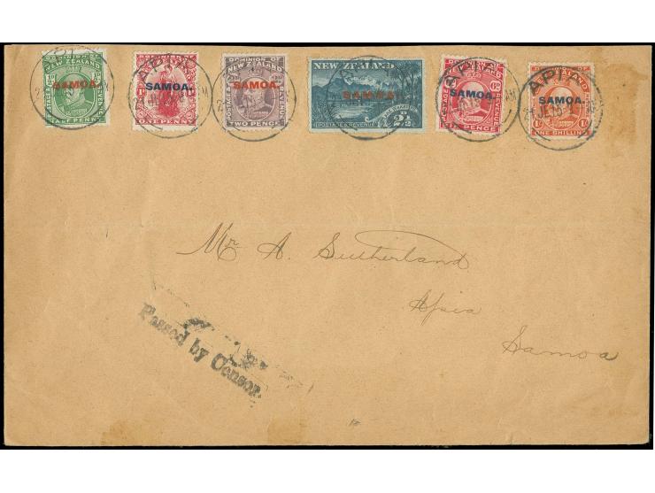 "Passed by Censor" black strike on front of local cover franked with ½d.-1sh. from "APIA 14 JE. 15", folded horizontally, oth
