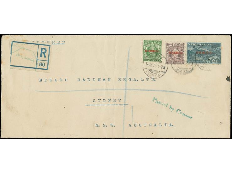  "Passed by Censor" green strike on front of large registered cover, registry etiquette with unusual greenish blue "Apia, Sam