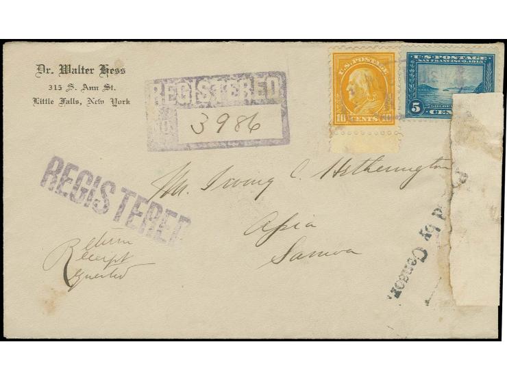 "Passed by Censor" over gummed closing label on front and reverse of regsitered cover from Little Falls, N.Y. bearing 5 and 1