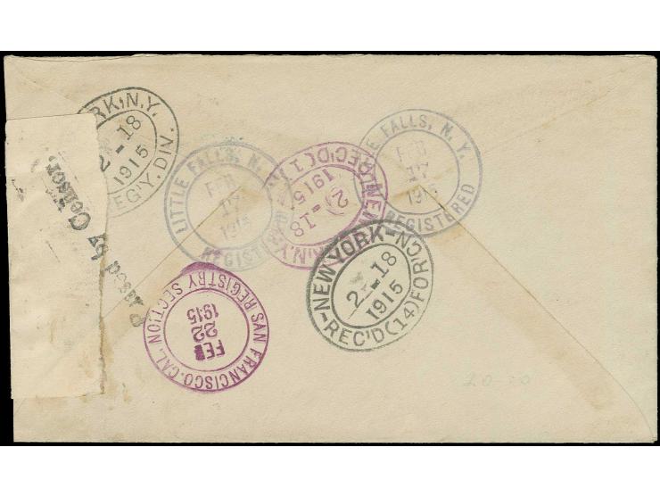 "Passed by Censor" over gummed closing label on front and reverse of regsitered cover from Little Falls, N.Y. bearing 5 and 1