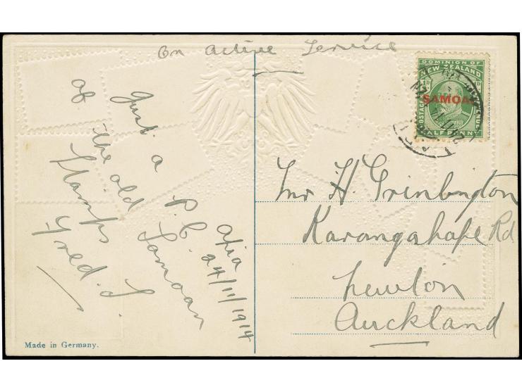 "APIA 24 11 14" german cds. on picture postcard bearing ½d. green adhesive, with annotation "on active service", addressed to