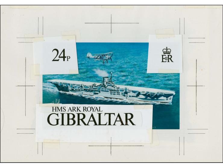 HMS Ark Royal - Original water colour artwork by Derek Miller as used for one of the 24p designs, on cartridge paper mounted 