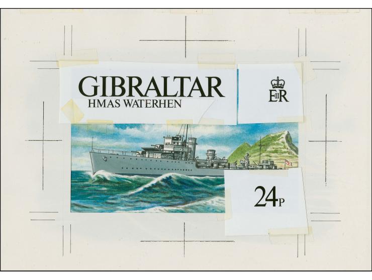 HMAS Waterhen - Original water colour artwork by Derek Miller as used for one of the 24p designs, on cartridge paper with ove