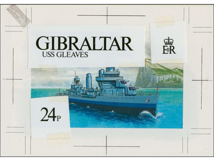 USS Gleaves - Original water colour artwork by Derek Miller as used for one of the 24p designs, on cartridge paper mounted on