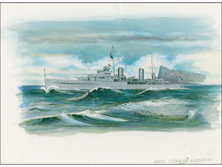 HMAS Sydney - Original water colour artwork by Derek Miller as submitted for one of the 24p designs but rejected, on cartridg