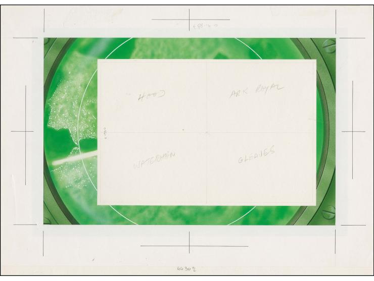 Original water colour artwork by Derek Miller as used for the m/sheet border with positions indicated for the four stamps, on