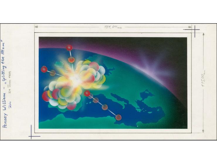 Exploding Atom, Lord Penney - Original hand painted artwork by M Brauneweil as used for 24p value on board image size 180 x 1