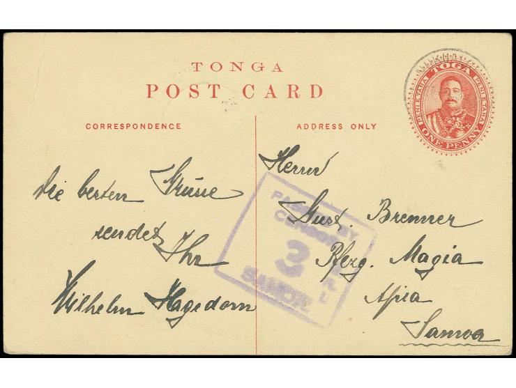 TONGA: Postal stationary 1d. red from "NUKUALOFA 6 NOV 14" to Apia, with clear censor mark, delivered on July 23rd 1919, fine