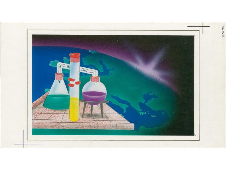 Polonium & Radium, Marie Curie - Original hand painted artwork by M BrauneweIl as used for 24p value on board image size 180 