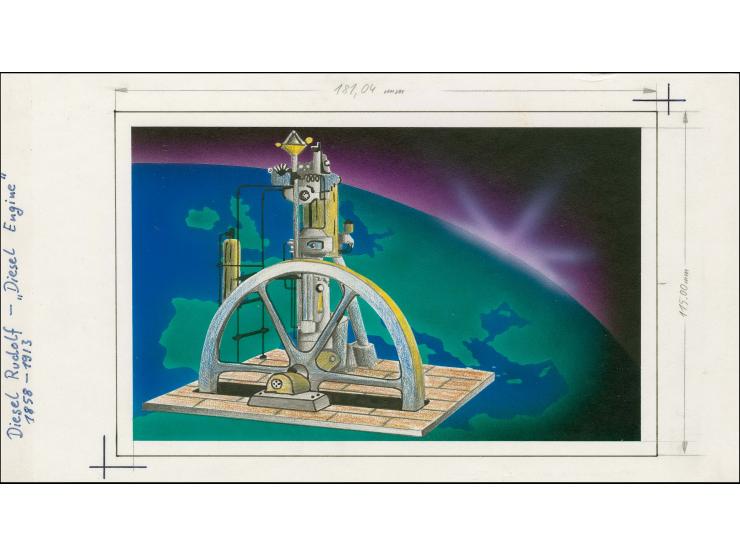 First Oil Engine, Rudolf Diesel - Original hand painted artwork by M BrauneweIl as used for 34p value on board image size 180