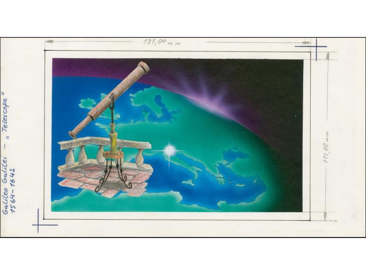 Early Telescope, Galileo - Original hand painted artwork by M Brauneweil as used for 34p value on board image size 180 x 115,