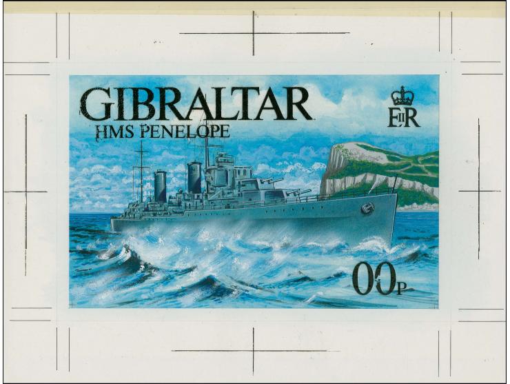 HMS Penelope - Original water colour artwork by Derek Miller as used for 5p value, on cartridge paper mounted on card with ov
