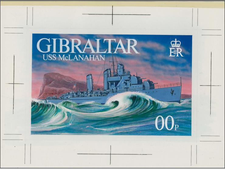 USS McLanahan - Original water colour artwork by Derek Miller as used for 44p value, on cartridge paper mounted on card with 