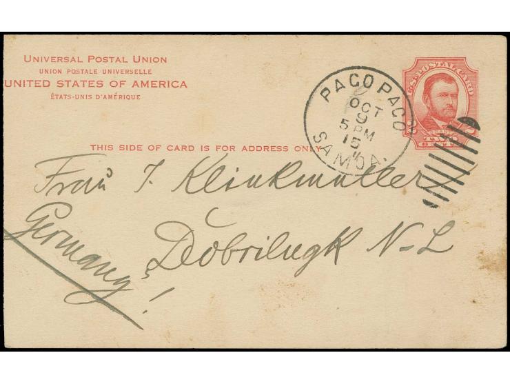 BYPASSING OF THE CENSORSHIP: US Postal Stationary 2 C. red from "PAGO PAGO OCT 9 15" to Dobrilugk in Germany, reverse with in