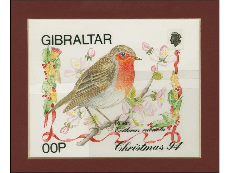 Robin - Original water colour artwork by W Stagnetto as used for 24p design, on card in picture mount, image size 175 x 140 w