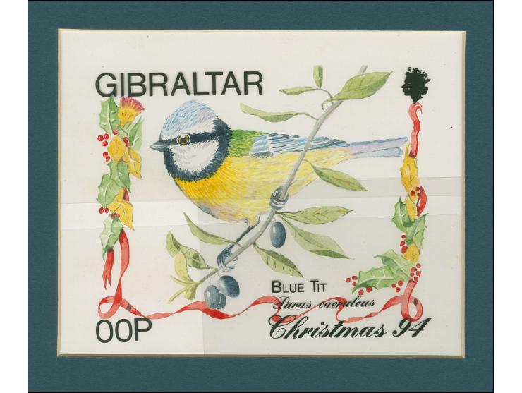 Blue Tit - Original water colour artwork by W Stagnetto as used for 34p design, on card in picture mount, image size 175 x 14
