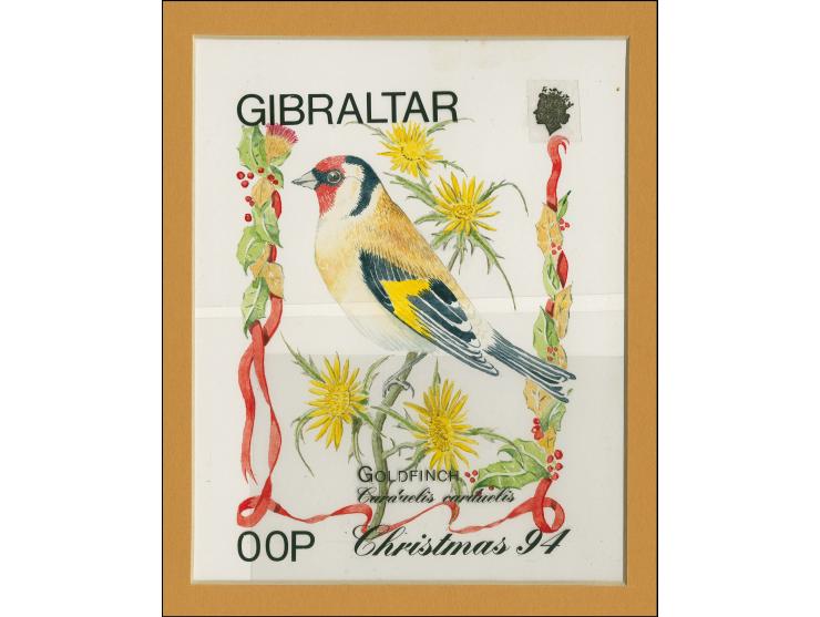 Goldfinch - Original water colour artwork by W Stagnetto as used for 54p design, on card in picture mount, image size 140 x 1