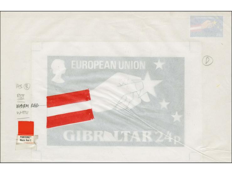 Austrian Flag - Original black & white artwork by R Ollington similar to issued 24p stamp but the A of Gibraltar is shown as 