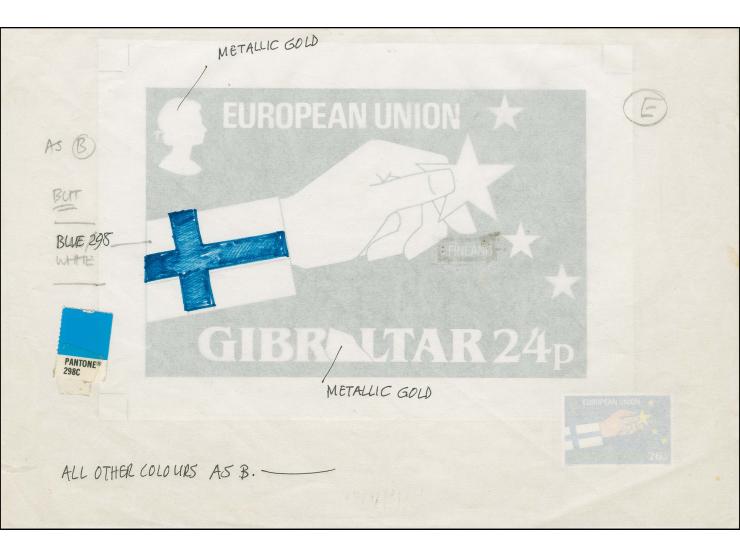 Finnish Flag - Original black & white artwork by R Ollington similar to issued 26p stamp but the A of Gibraltar is shown as t