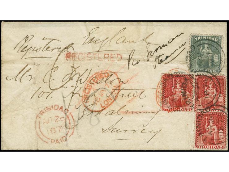 1863/80, watermark crown "CC" 1 d. carmine, 3 copies, and 4 d. grey, tied by clear "TRINIDAD AP 26 1874" to registered envelo