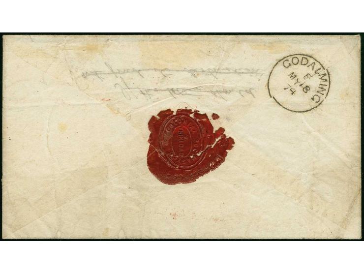 1863/80, watermark crown "CC" 1 d. carmine, 3 copies, and 4 d. grey, tied by clear "TRINIDAD AP 26 1874" to registered envelo
