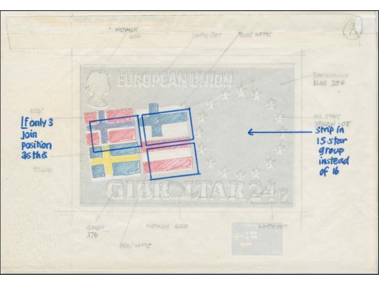 Flags - Original black & white artwork by R Ollington similar to issued 49p stamp but the A of Gibraltar is shown as the Rock