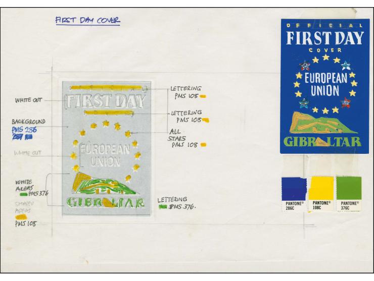Flags & Emblem - Original black & white artwork by R Ollington as submitted for First Day Cover on board main image size 70 x