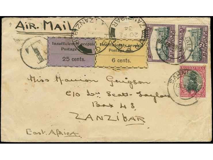 1930, 25 c. and 6 c., tied by cds. "ZANZIBAR R.E.G." 20.FE.34" to airmail cover from South Africa with adjacent tax cancel, s