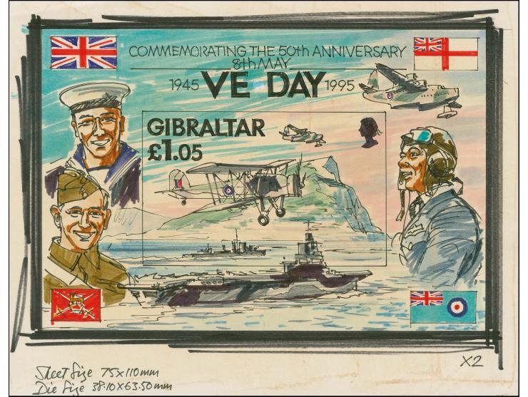 Original watercolour preliminary sketch by the designer, A D Theobald plus photocopy reduction to approx issued size, both mo