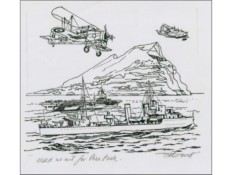 Original pen & ink sketch by A D Theobald as used for Presentation Pack on tracing paper, image size 190 x 150, signed in pen