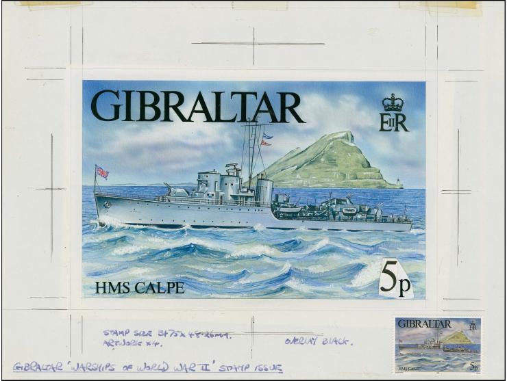 HMS Calpe - Original water colour artwork by Derek Miller as used for 5p value, on cartridge paper mounted on card with overl