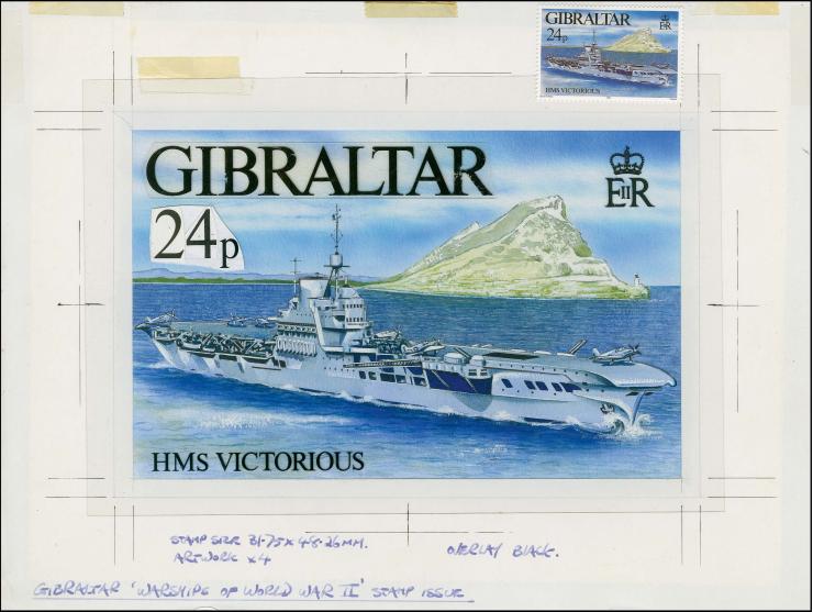 HMS Victorious - Original water colour artwork by Derek Miller as used for 24p value, on cartridge paper mounted on card with