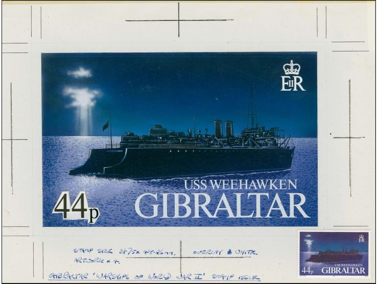 USS Weehawken . Original water colour artwork by Derek Miller as used for 44p value, on cartridge paper mounted on card with 