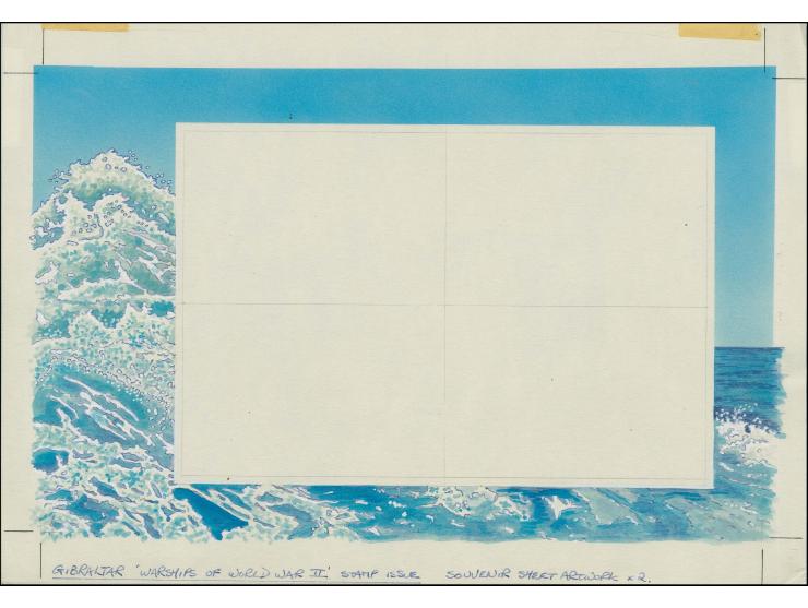 Original water colour artwork by Derek Miller as used for the m/sheet border with positions indicated for the four stamps, on