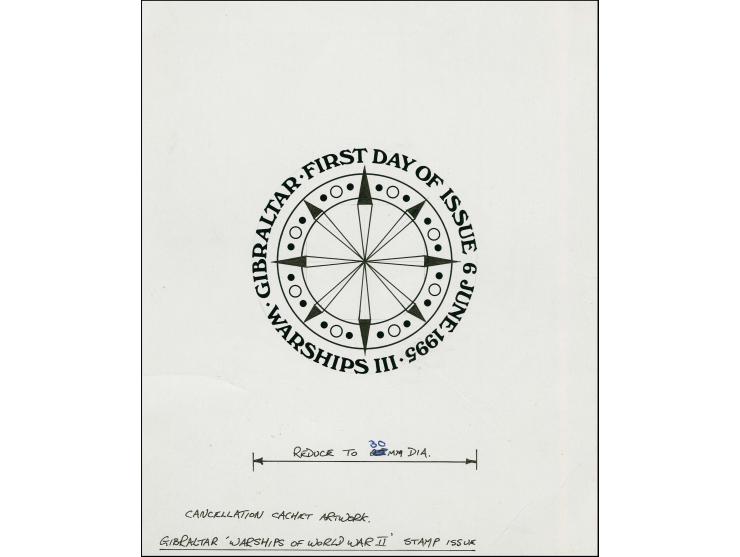Original pen and ink artwork for First Day postmark by unknown artist on card image size 80 x 80