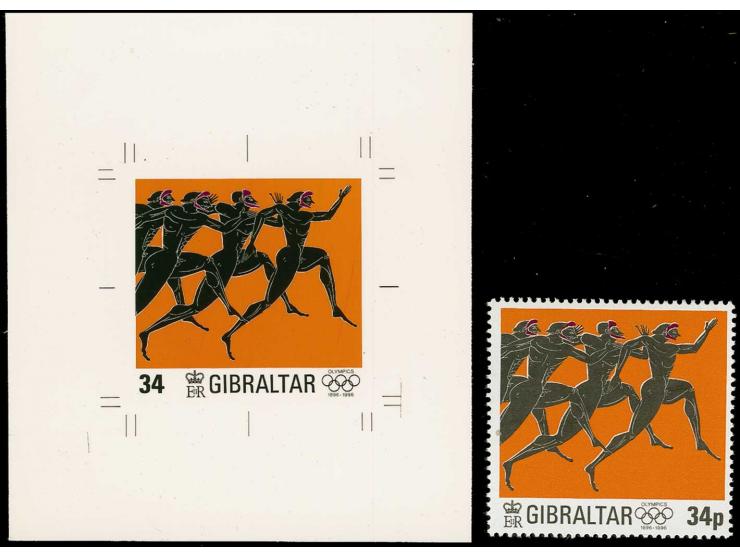 Imperf Cromalin proof essay of 34p (Ancient Greek Athletes) similar to issued stamp except p added after value and value appe