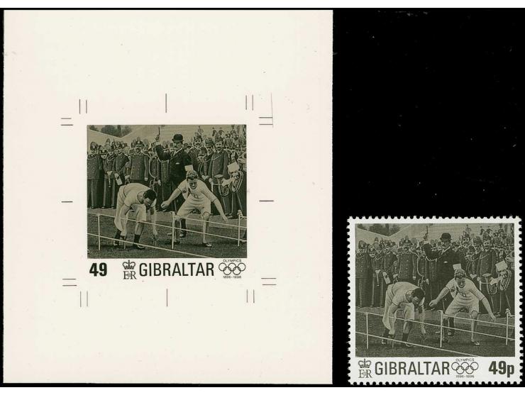Imperf Cromalin proof essay of 49p (Start of early race) similar to issued stamp except p added after value and value appeari