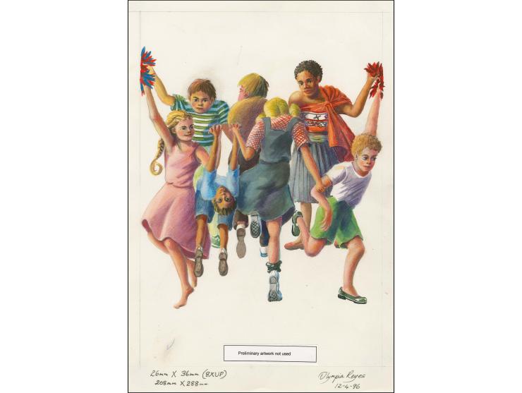 Original preliminary watercolour artwork by Olympia Reyes as submitted but not used, on cartridge paper image size 210 x 240,