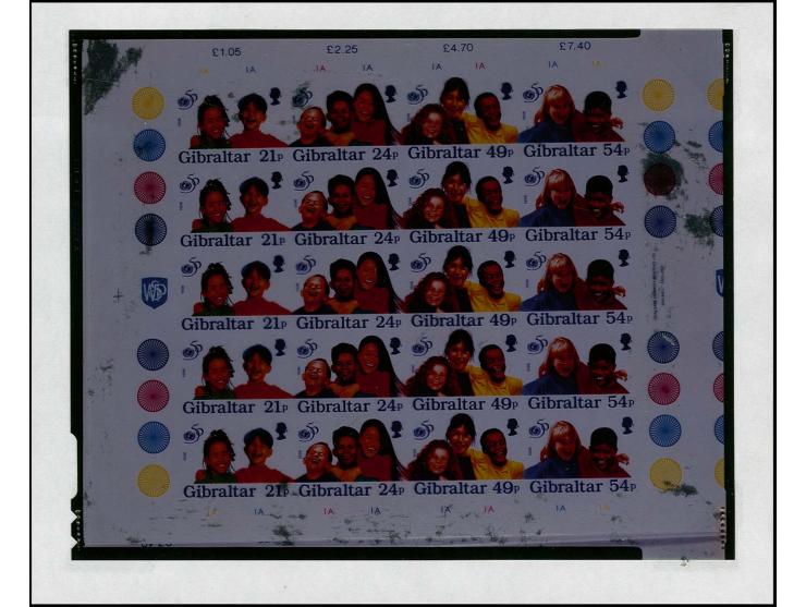 Photograph of complete imperf sheet of 20 (5 se-tenant strips of 4) on clear film presented by the Printers (Walsall Secunty)
