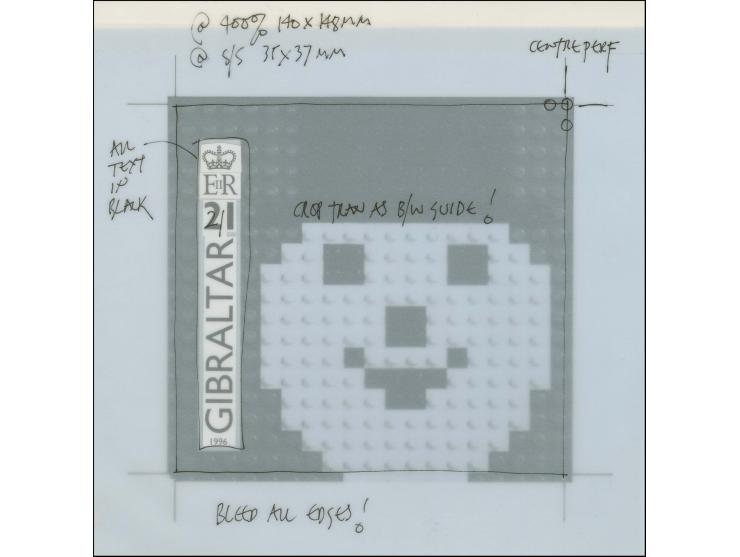 Snowman Face - Black & white photographic proof by Keith Bassford with two overlays with various notations, 250 x 210, image 
