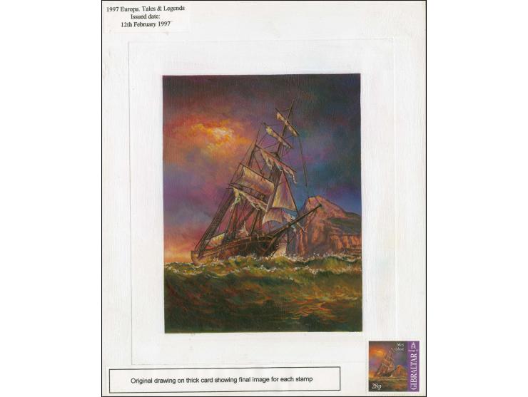 Mary Celeste Passing Gibraltar - Original water colour artwork by Sharif Tarabay of Canada as used for 28p stamp, on board im