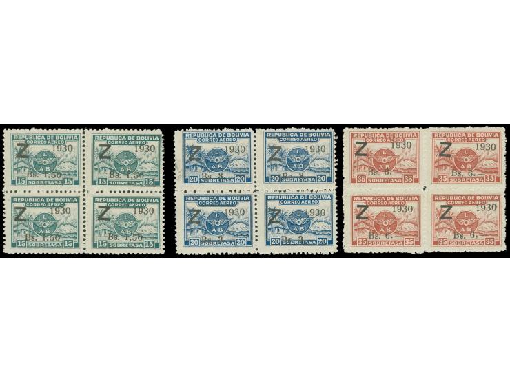 1930, Graf Zeppelin 1,50-6 b. in blocks of 4, one value each with variety "comma instead of dot", unmounted mint
 
 