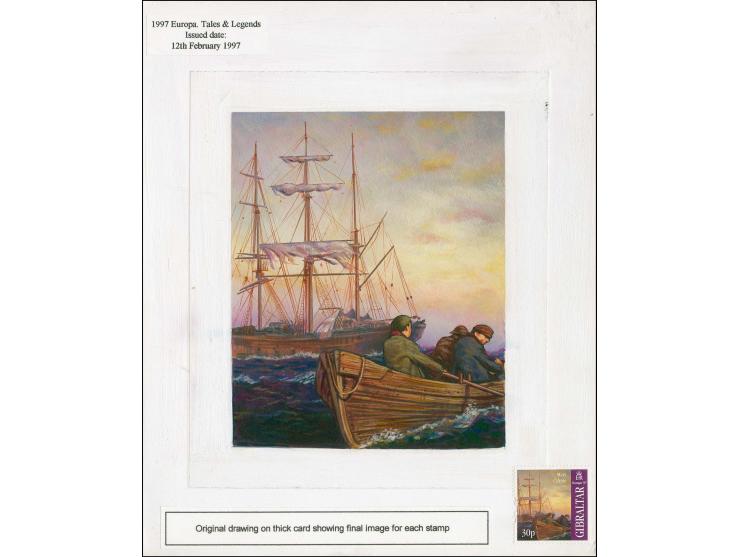Crew Leaving the Mary Celeste - Original water colour artwork by Sharif Tarabay of Canada as used for 30p stamp, on board ima