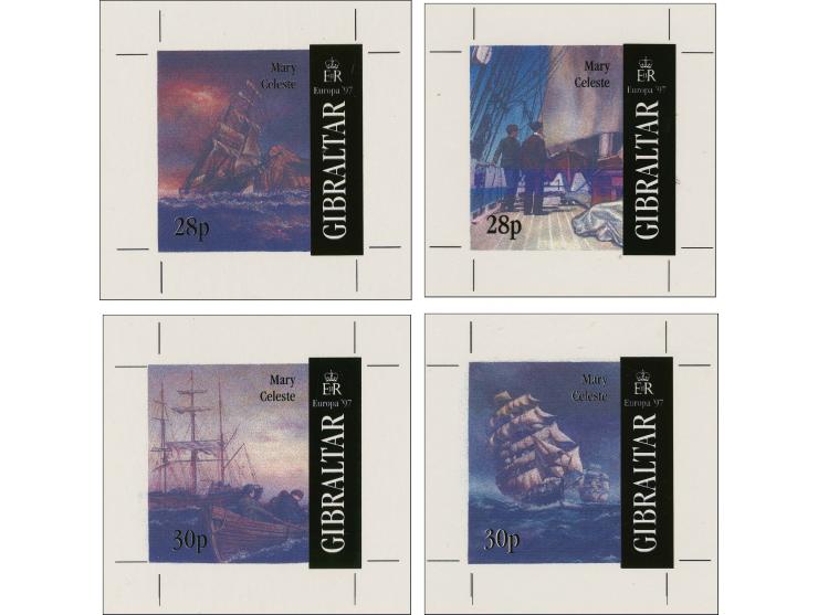 The set of 4 coloured copies each mounted on board with plastic overlays used for registration of lettering, image sizes each