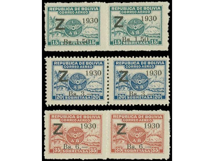 1930, Zeppelin 1,5-6 b. in horizontal pairs with overprint variaty "comma instead of dot", unused o.g., one value little thin